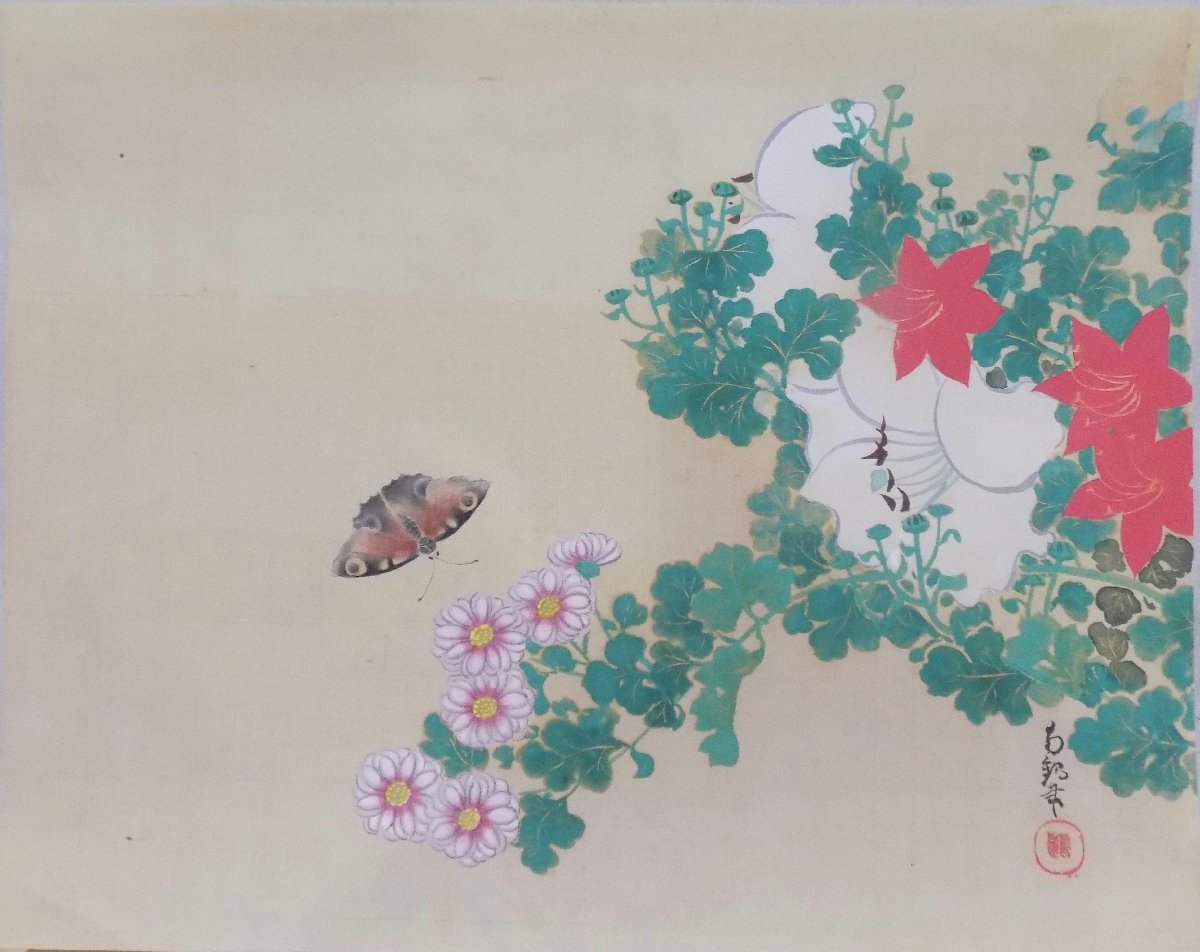 森本白蝶筆 花鳥画 絹本 彩色画 竹に雀図 肉筆画 軸先紫檀 - メルカリ