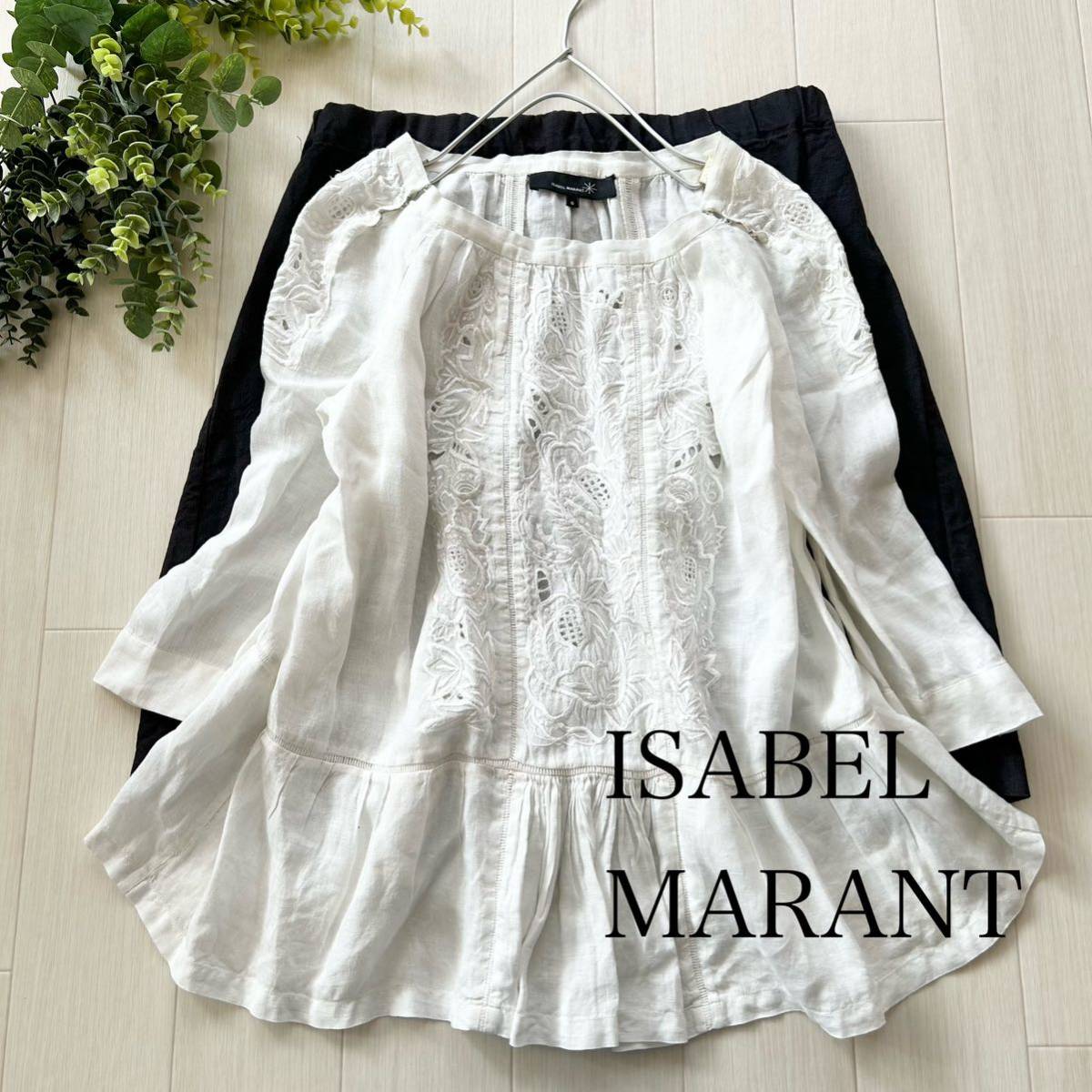 イザベルマラン インド製 リネン チュニック ブラウス 美品 エンブロイダリー 刺繍 ゆったり L程度 7分袖
