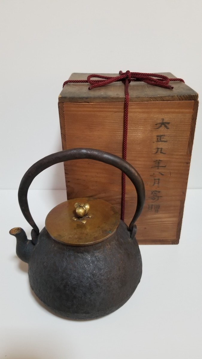鉄瓶 龍文堂 銅蓋在銘 山水風景人物絵 古漢詩文 古美術 古物 漏れ無し