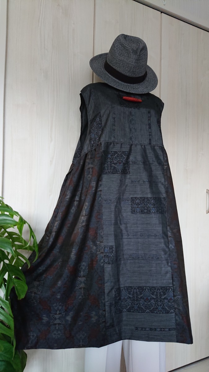 着物リメイク396★古布大島紬2種ハンドメイド ウエスト切替サイドギャザー&タック ジャンパースカート★