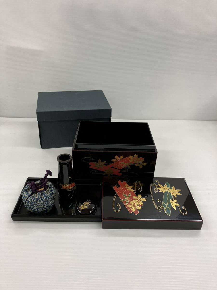 W6314】茶箱 平蓋 木製 二度 三点揃 溜真装 花筏