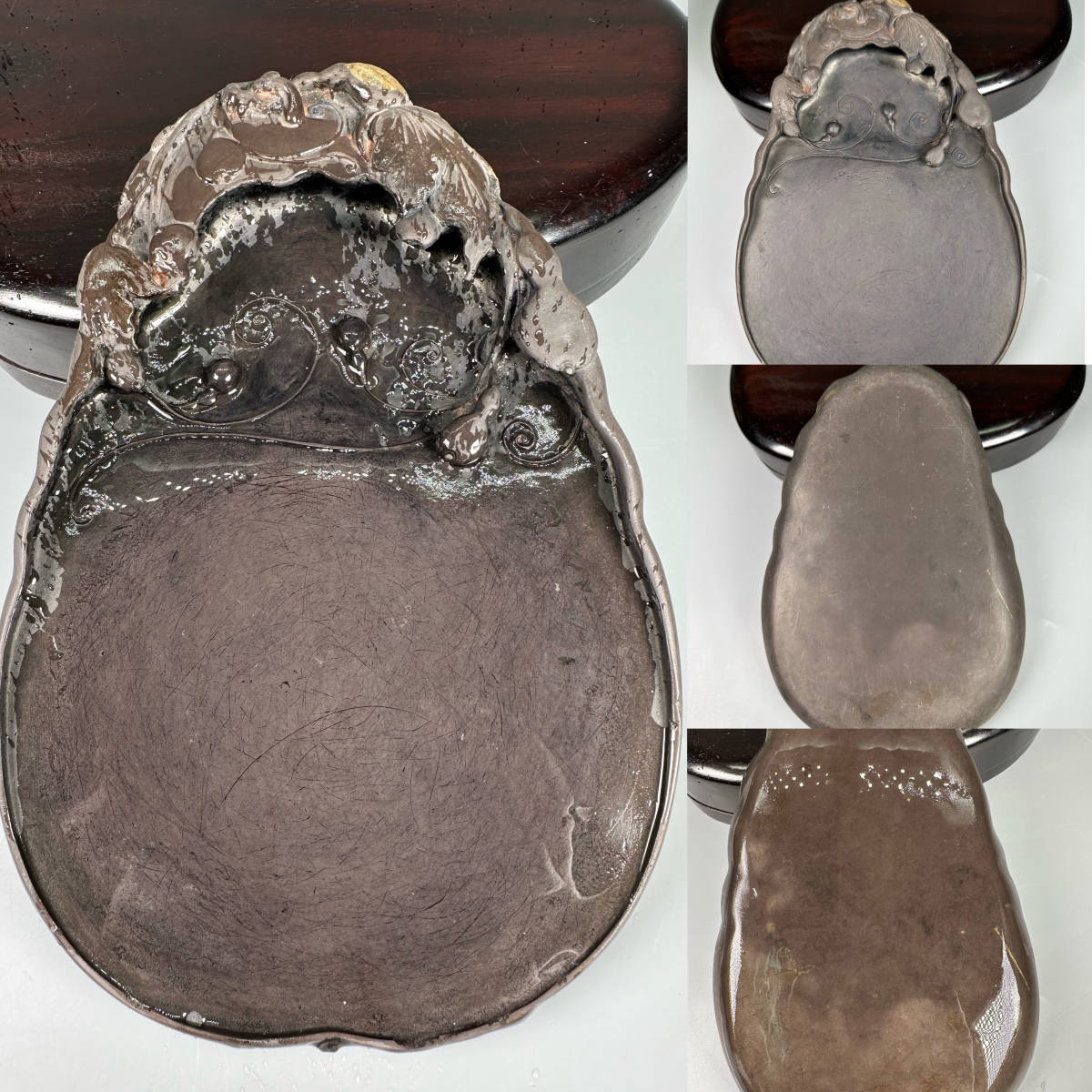 旧家収蔵　中国古美術　中国書道具　瓢箪彫瓢箪形端渓硯　紫檀共箱　古硯　文房具　時代物　清　唐物