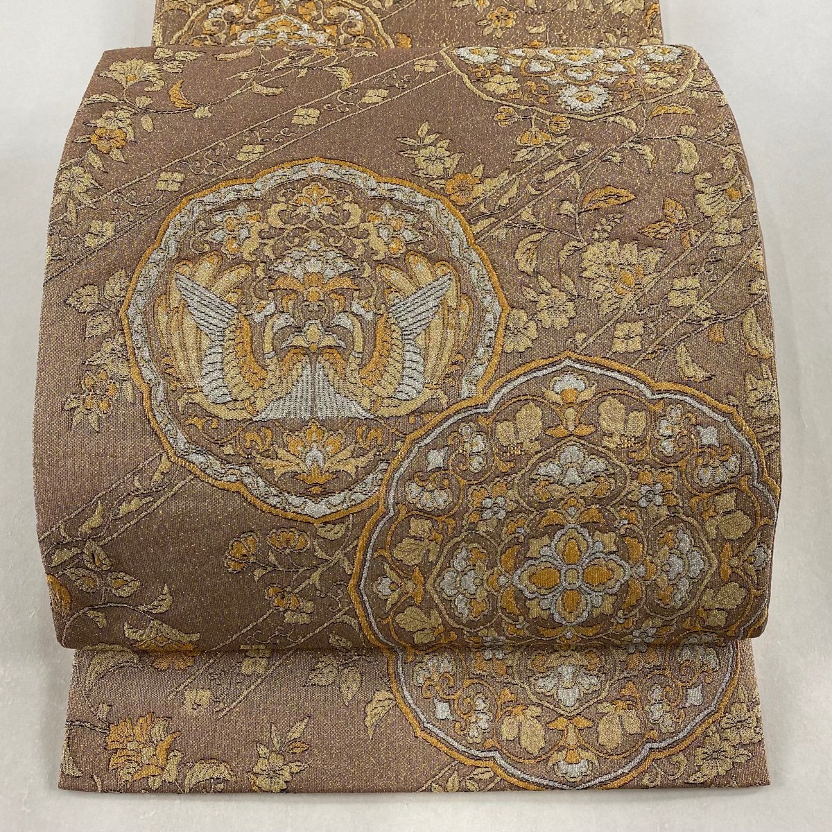 袋帯 秀品 箔 灰色 薄紫 p 袋帯 美品 秀品 華文 向かい鳥文