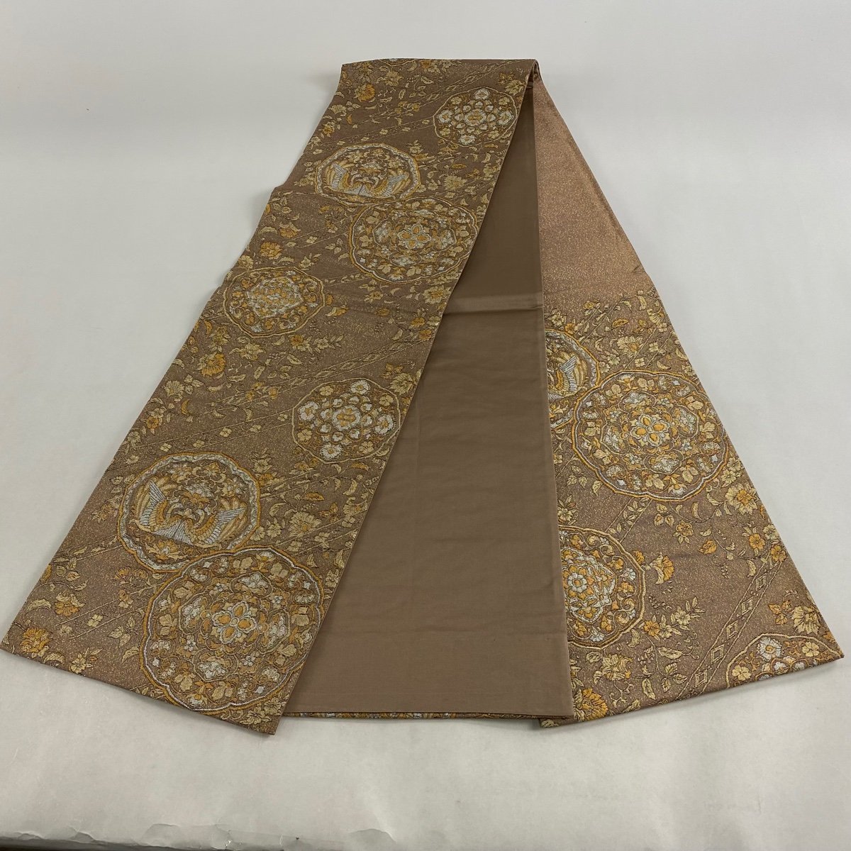 袋帯 秀品 箔 灰色 薄紫 p 袋帯 美品 秀品 華文 向かい鳥文