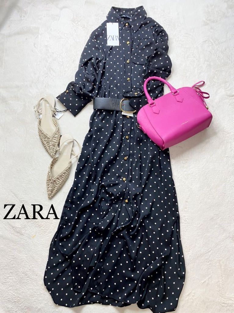 ZARA ザラ★タグ付き未使用★大人素敵 ★とろみ素材 ベルト付き ドット シャツ ワンピース ロング丈マキシ★黒 XSサイズ yz431