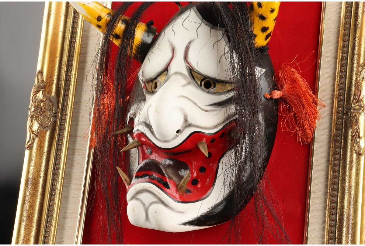 URA]在銘/石見神楽面『般若』額装入/9-4-90(検)骨董/般若/雅楽/神楽面