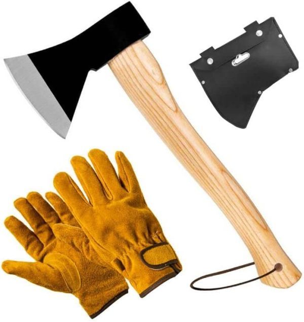 242　 斧 薪割り 手斧 37.5cm 鉈 ガーデン キャンプ用品 保護カバー付き 耐熱グローブ付き
