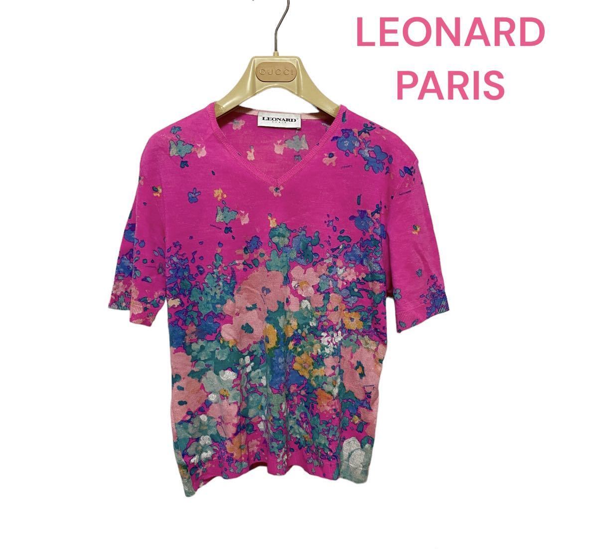 ○【美品】レオナールパリ LEONARD PARIS/半袖ニットシャツ/花柄