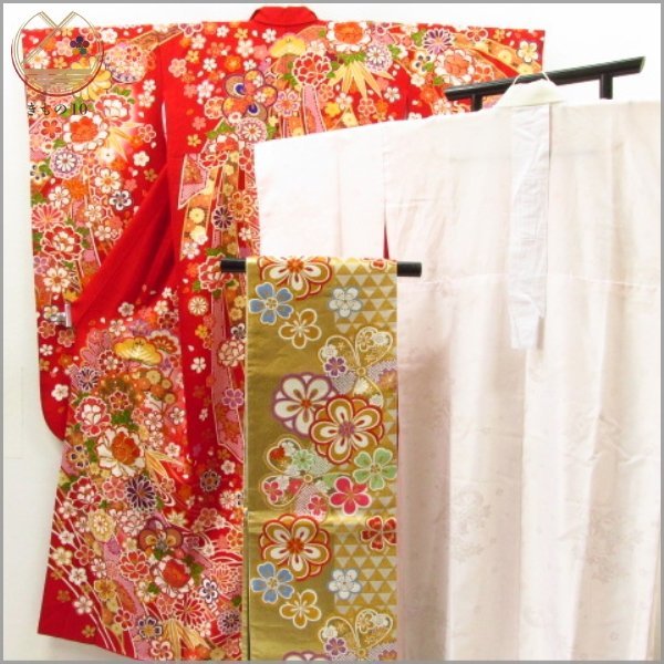 ★着物10★ 1円 逸品!! 絹 振袖 金駒刺繍 菊 牡丹 梅 桜 袋帯・襦袢セット 袷 身丈172cm 裄67.5cm [同梱可] ☆☆☆☆☆