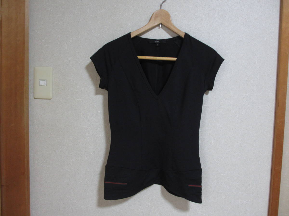 ★グッチ GUCCI 　Tシャツ カットソー 　シェリーライン ロゴ 装飾 　ストレッチ 　黒　ブラック　レディース