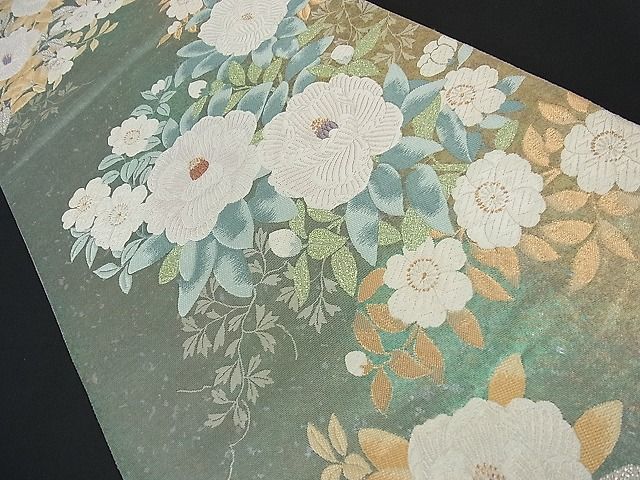 AA38袋帯 六通柄 秀品 金糸夏帯 絽 葉 波 正絹 単帯 着物　美品 花美人□六通柄袋帯 吟彩 シルク箔 牡丹 金銀糸 逸品 eee2378