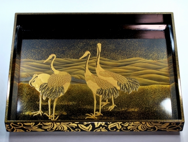 最上作 加賀蒔絵 波に鶴蒔絵盆 高蒔絵 研ぎ出し蒔絵 超細密蒔絵 天然木 