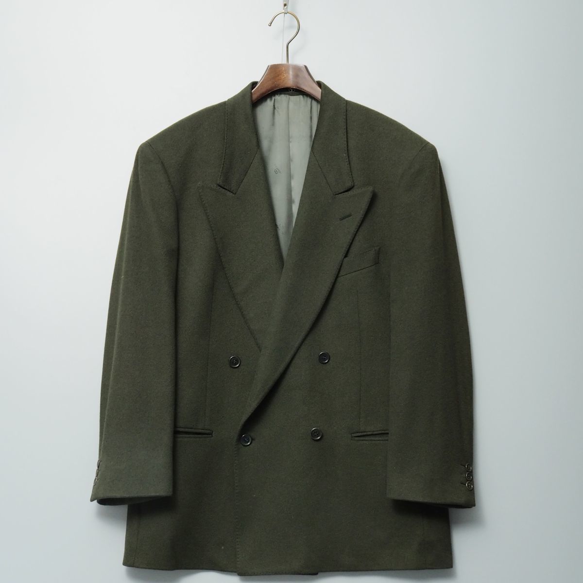 GK5307◎イタリア製 ヴィンテージ valentino UOMO メンズ50REG 総カシミヤ 4B ダブルジャケット テーラードジャケット グリーン系