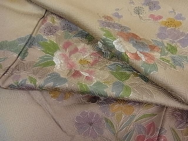 花美人■中国三大刺繍　スワトウ相良刺繍　訪問着　草花文　松竹梅　暈し染め　やまと誂製　逸品　ic3989