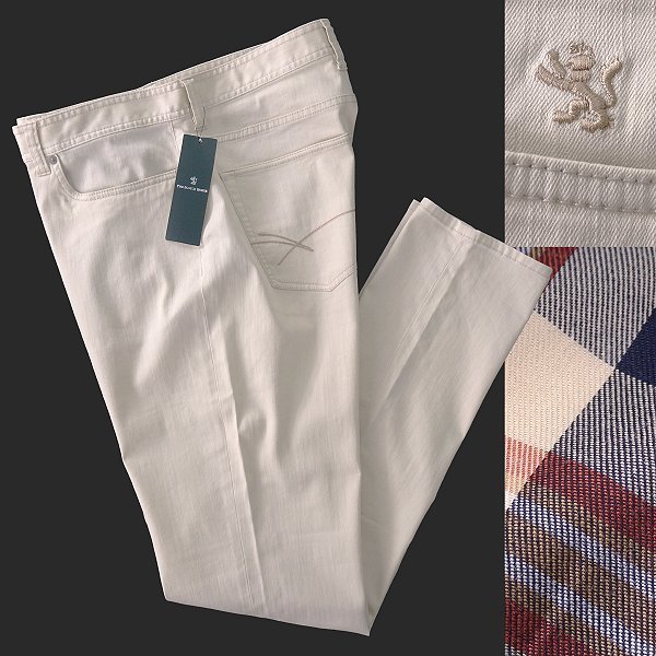新品 2.5万 スコッチハウス 刺繍 コットン リネン デニム パンツ 92(XL以上) アイボリー 【P28405】 春夏 メンズ ストレッチ レザーパッチ