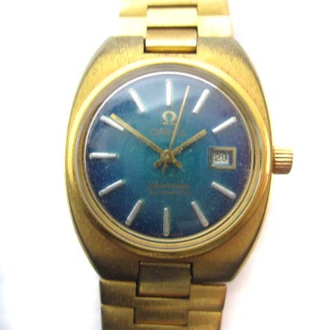 オメガ OMEGA シーマスター 腕時計 アナログ 自動巻き カラーダイヤル 青文字盤 ゴールドカラー 金色 ジャンク品 動作未確認 ■SM0 レディ
