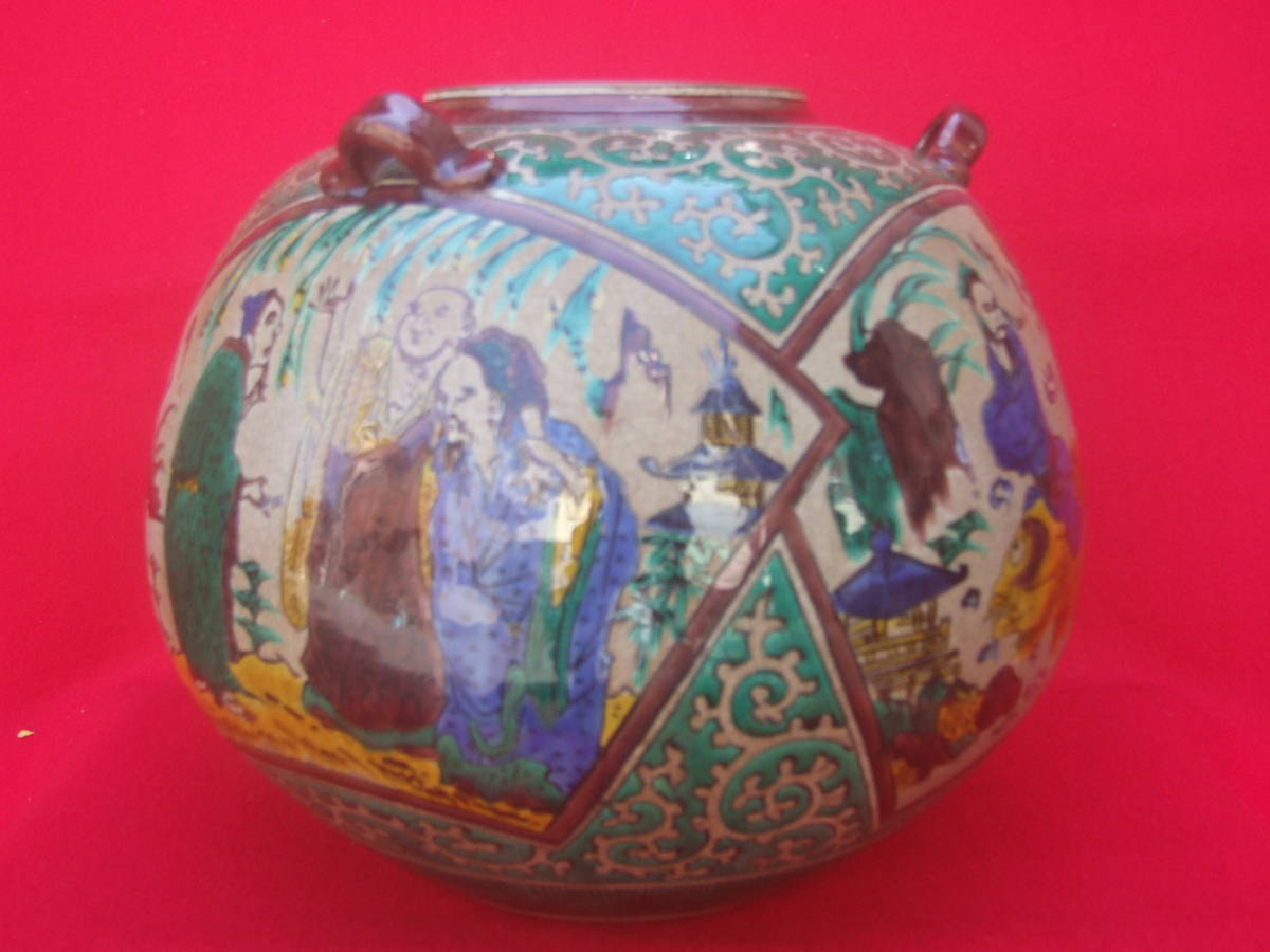 九谷焼 ☆古九谷☆ 吉田屋☆角福印☆賢人の図☆花瓶 花器 壺 25x32 