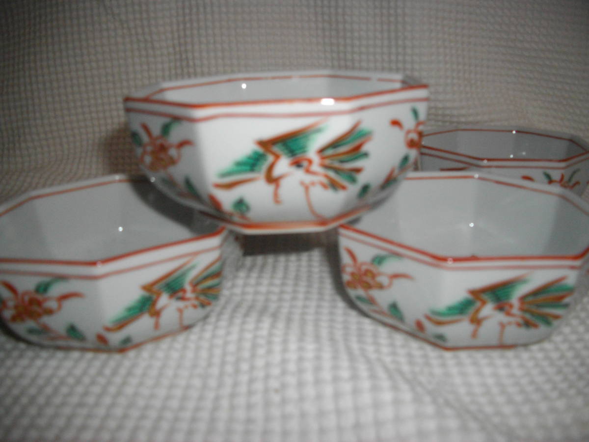 たち吉】 赤絵花鳥 八角小鉢 5客 ◇