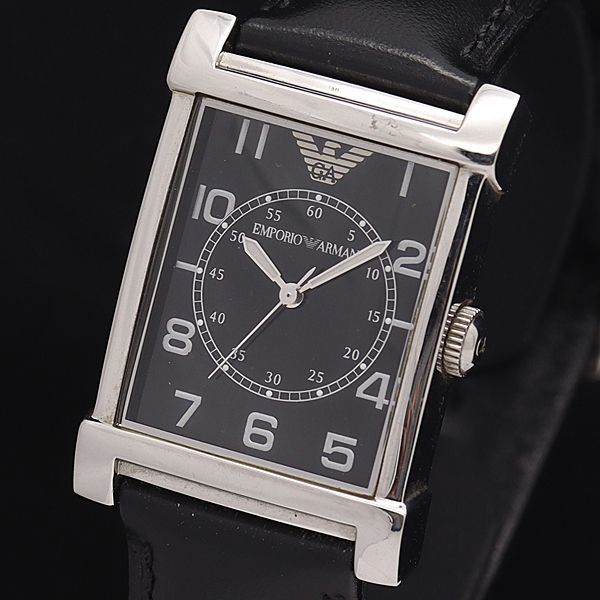 1円 稼働 良品 エンポリオアルマーニ QZ AR-0209 黒文字盤 スクエア メンズ腕時計 XYZ 9303000 NKG