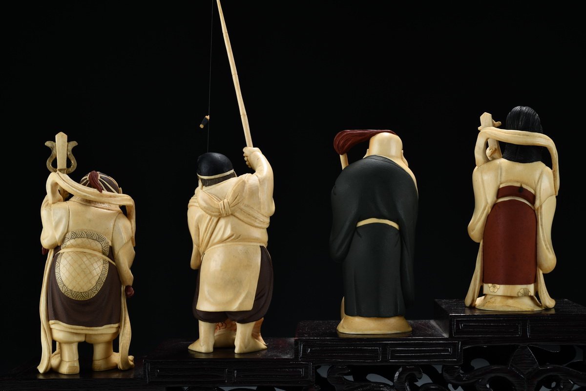 七福神置物 古美術 細密細工 在銘「江信」 鶴鳴堂 江戸 明治時代 白材芯料保証 匠 清山 巨大七福神置物 手彫 極細