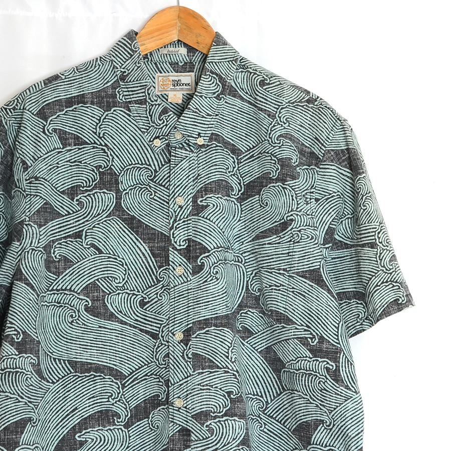 RS117 レインスプーナー アロハ 半袖シャツ XL 肩幅50 ボタニカル 波柄 金タグ復刻 メール便 xq