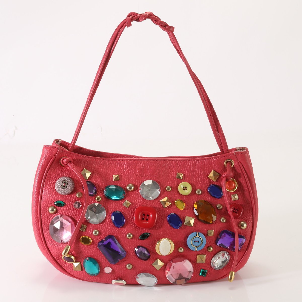 1円■極美品■ドルチェアンドガッバーナ■レザー ハンドバッグ■スタッズ■カラー ストーン ボタン トート ショルダー レディース BET G4-2