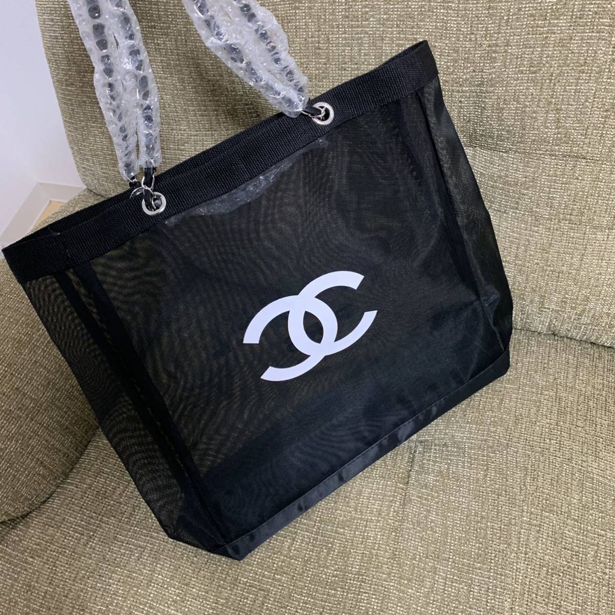 極美品 CHANEL ノベルティ メッシュトートバッグ 大きめ シャネル 黒 