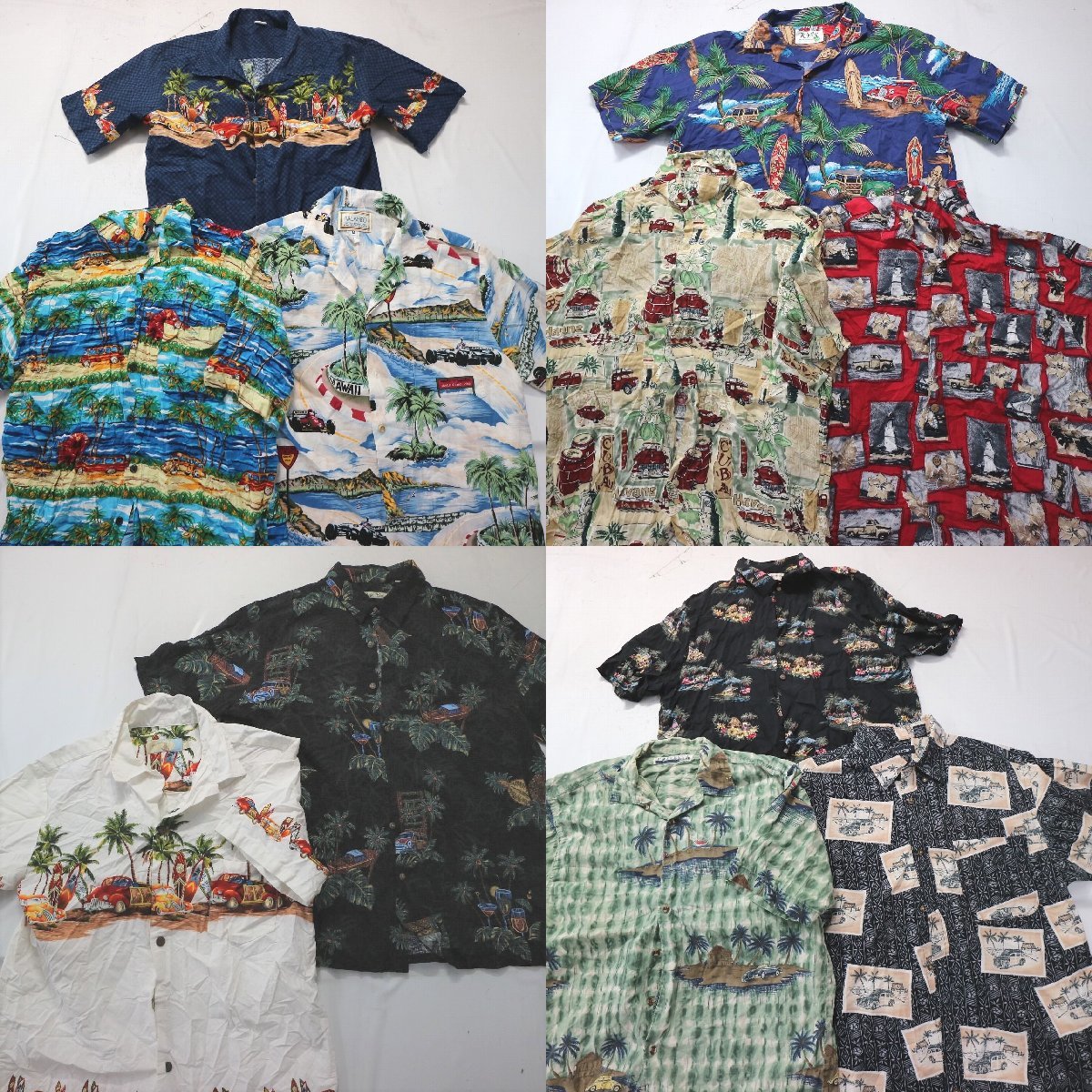 ◎アロハシャツ　車モチーフ系 set 総柄　デザイン 他 (メンズL/M) 11枚セット まとめ売り 古着卸 1円スタート 最落なし MN7905