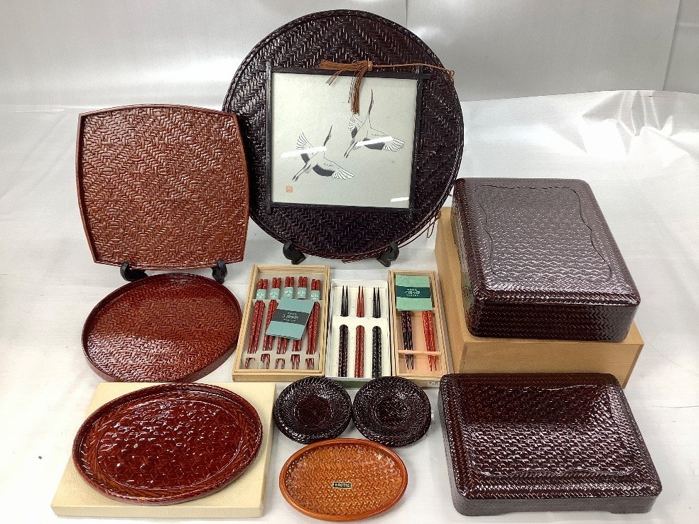 籃胎漆器 手文庫 盆 箸 他 まとめ 飾り物裏書有り ACBF 中古品