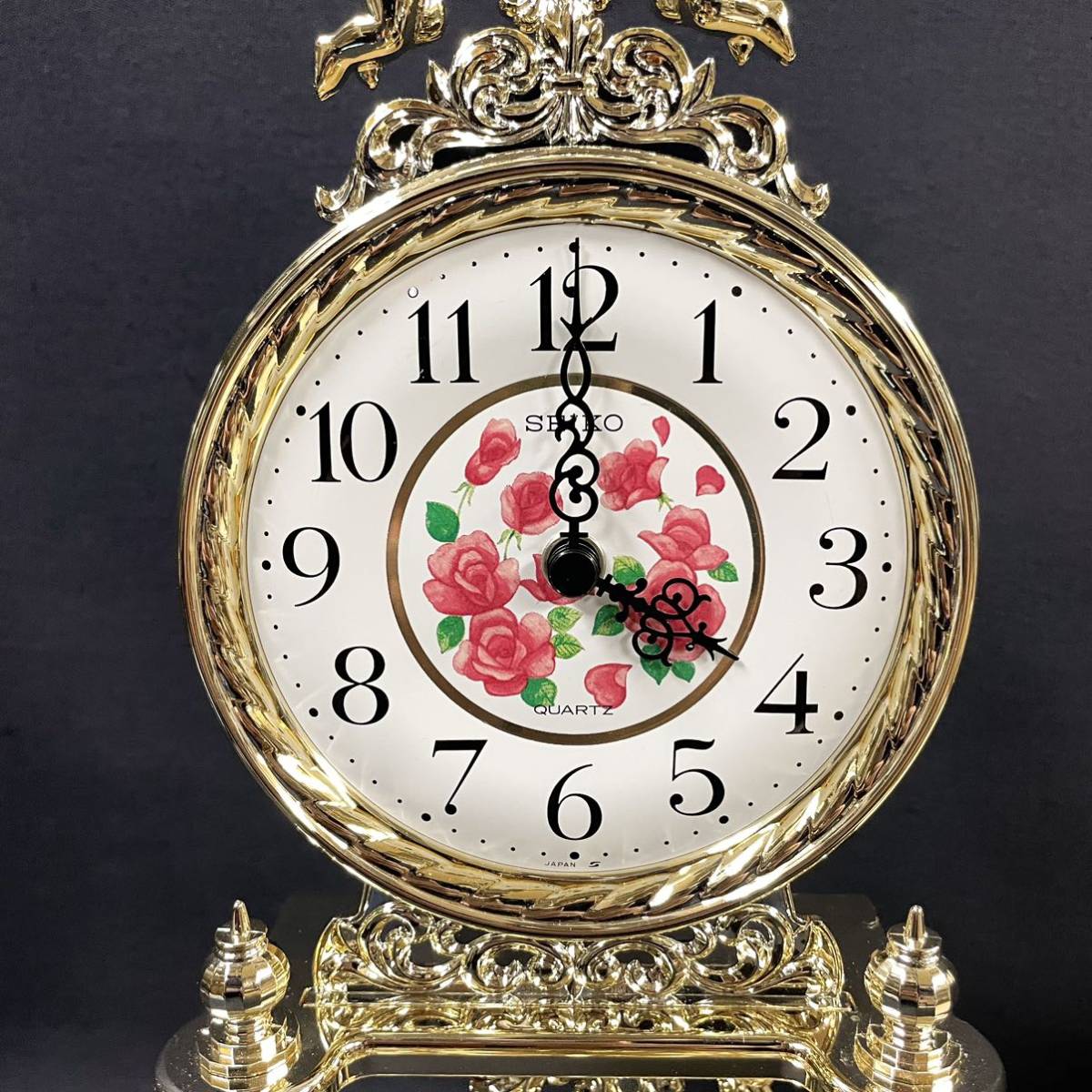 SEIKO セイコー ガラスドーム 置き時計 クォーツ 振り子 ローズ 花柄