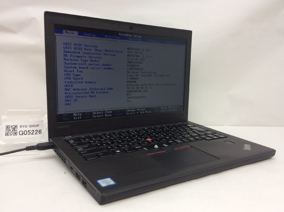 ジャンク/ LENOVO 20K5S2SA00 ThinkPad X270 W10DG Intel Core i5-6300U メモリ4.1GB ストレージ無し 【G05226】