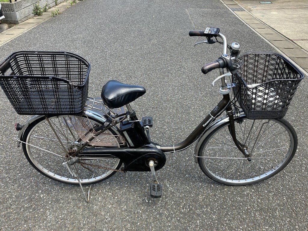 D51 中古電動アシスト自転車 パナソニック ビビ 茶 後ろカゴ付き 1円売 