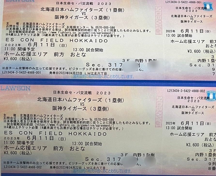 6月11日 日本ハムファイターズvs阪神タイガース 交流戦チケット 内野 