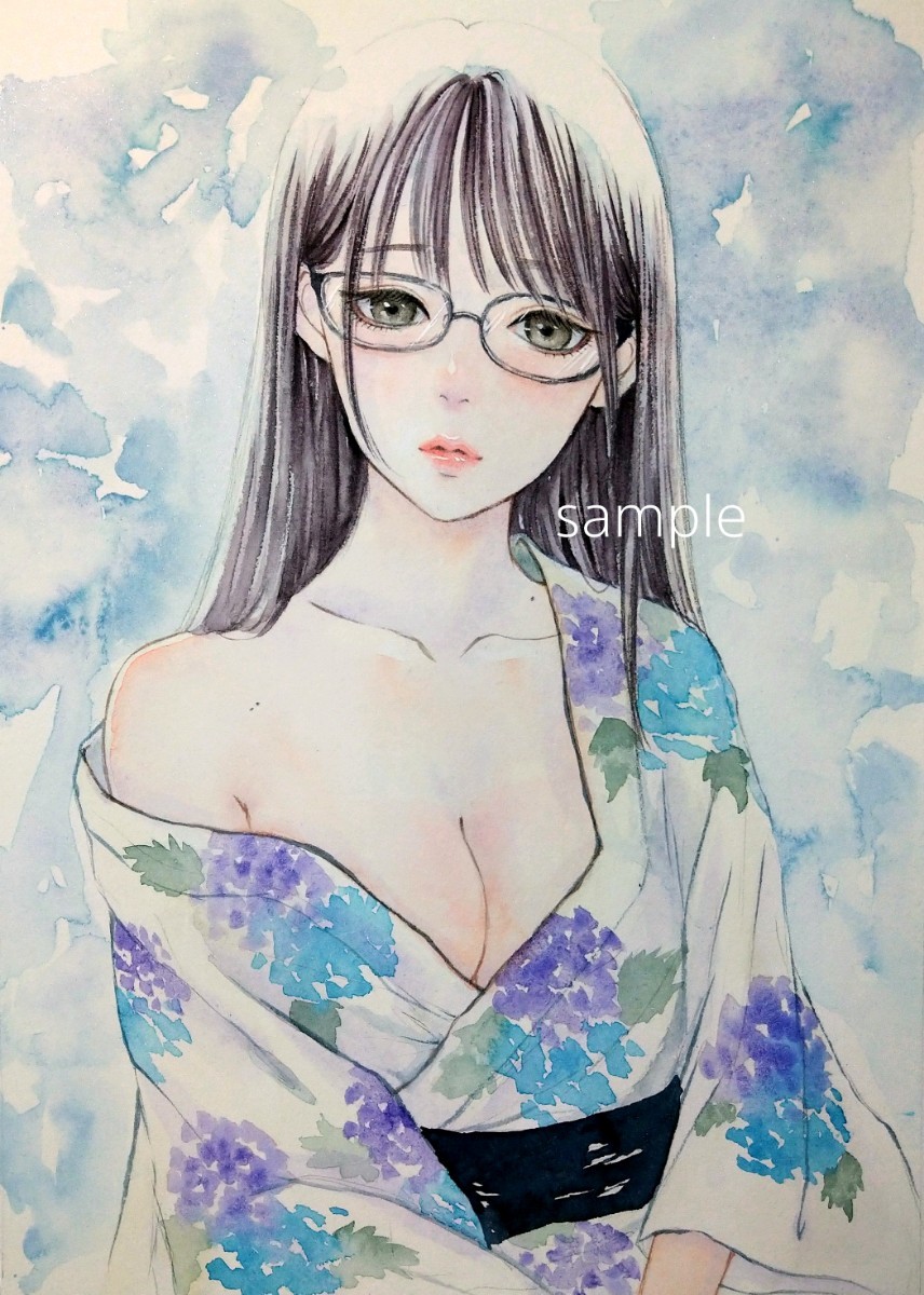 絵画　手描きイラスト　美人画　水彩画　原画　浴衣　眼鏡　紫陽花 肉筆原画 手描きイラスト オリジナル 眼鏡 浴衣 紫陽花 美人画 美少女