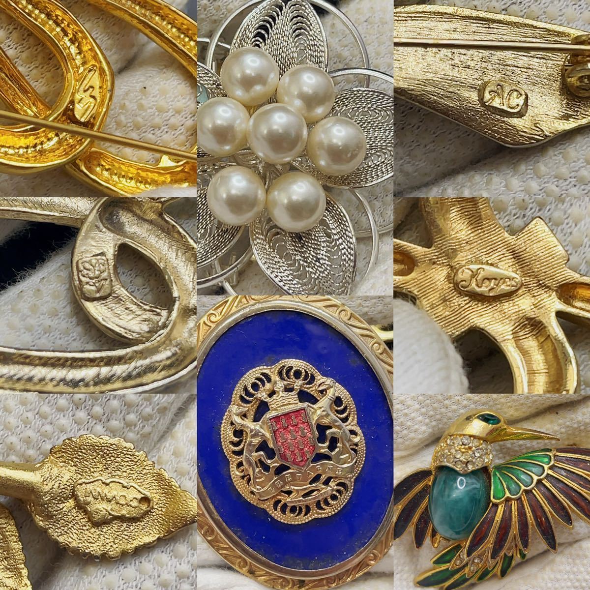 1円 ヴィンテージ ブローチ 50点まとめ 大量セット パール 天然石 焼物 カラーストーン ゴールド シルバーカラー フランス ブルターニュ等_10