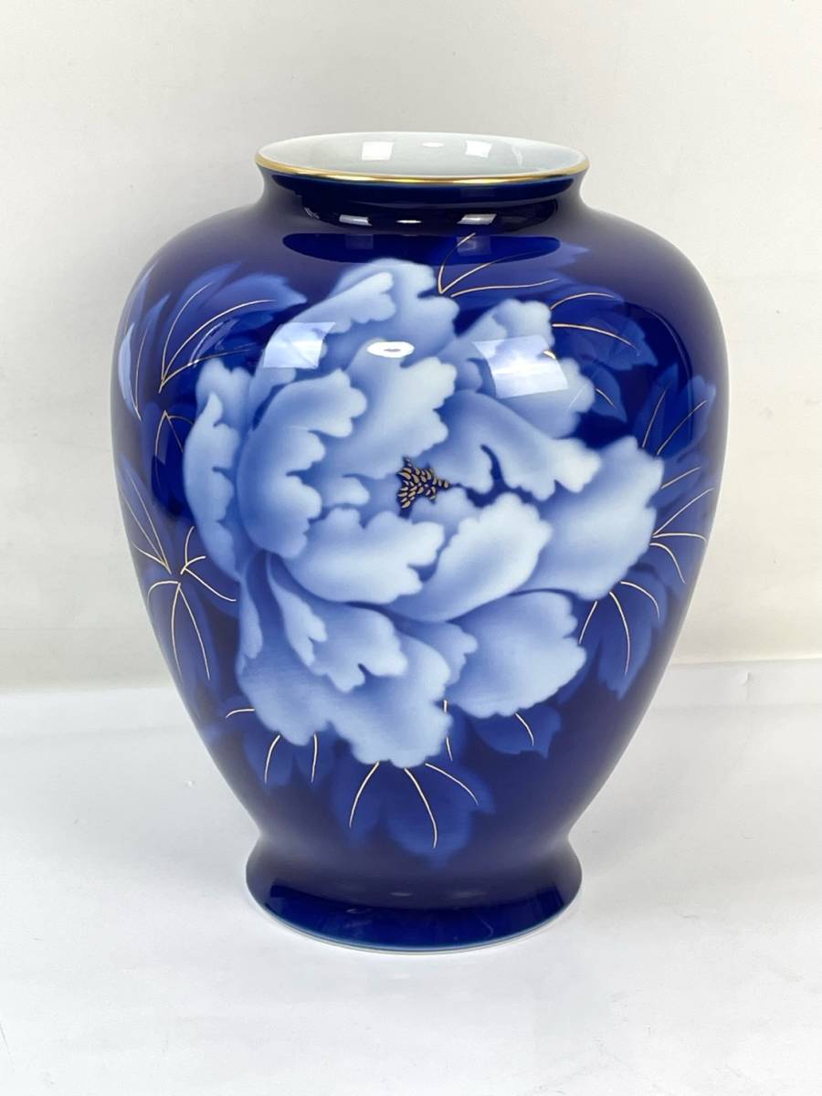 深川製磁　花瓶　金彩　瑠璃　牡丹　高さ約24㎝　中古　美品　現状品　返品不可　有田焼　宮内庁御用達