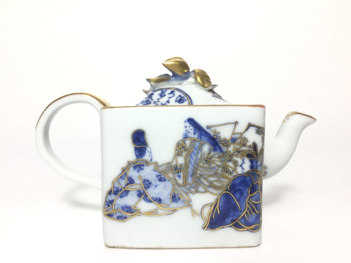 稀少古伊万里 嘴長急須六角形染付 陶磁器 煎茶道具 京全】 大日本藤亭 造 金彩染付人物図四方急須 煎茶道具 茶注 検