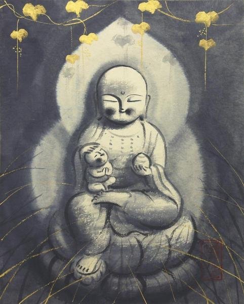 地蔵尊、日本画家、穐月明、水墨画 穐月明「子守地蔵尊」日本画