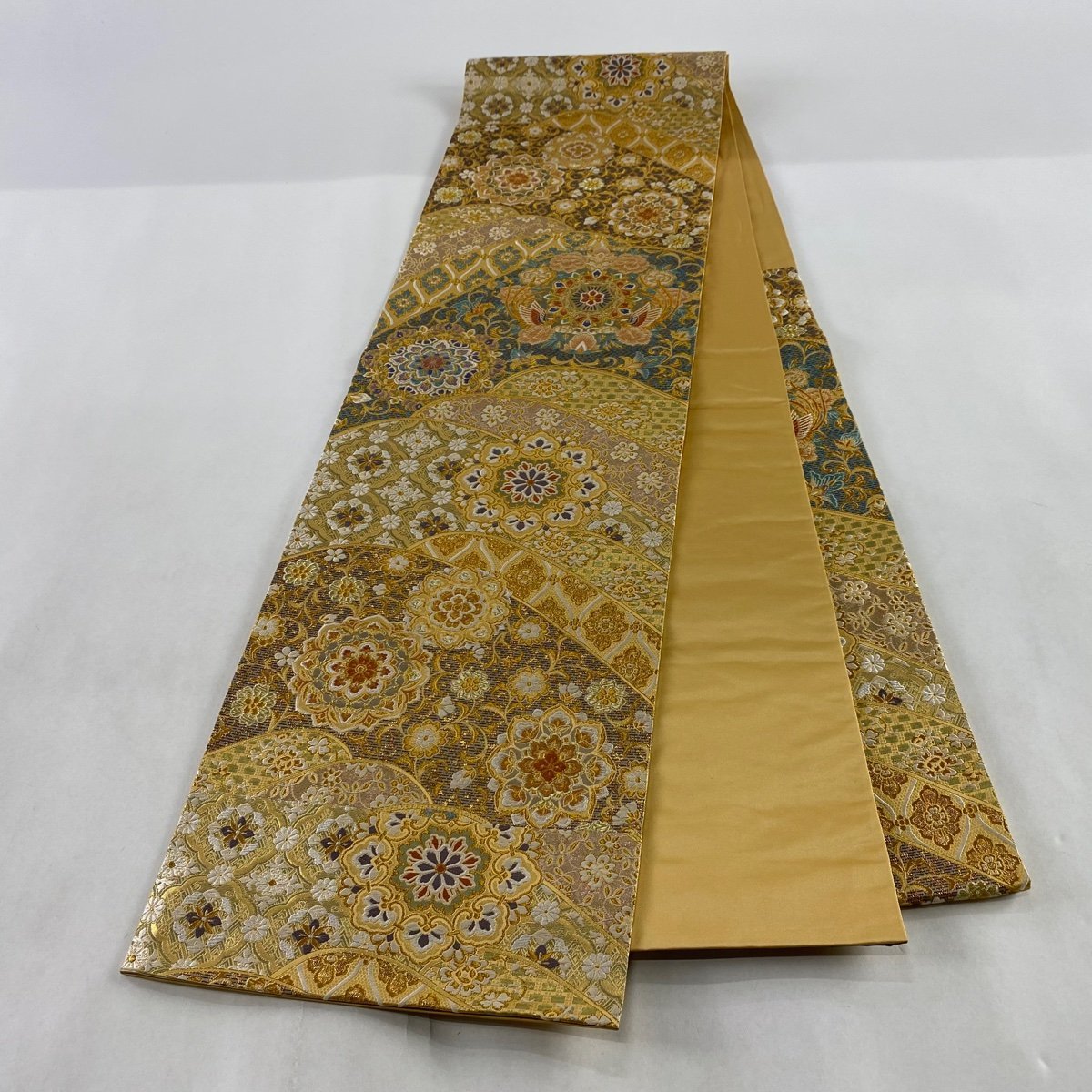 袋帯 本金箔 古九谷花鳥文 華文24M16f 袋帯 秀品 向かい鳥 華文 金糸 箔 金色 六通 正絹 中古