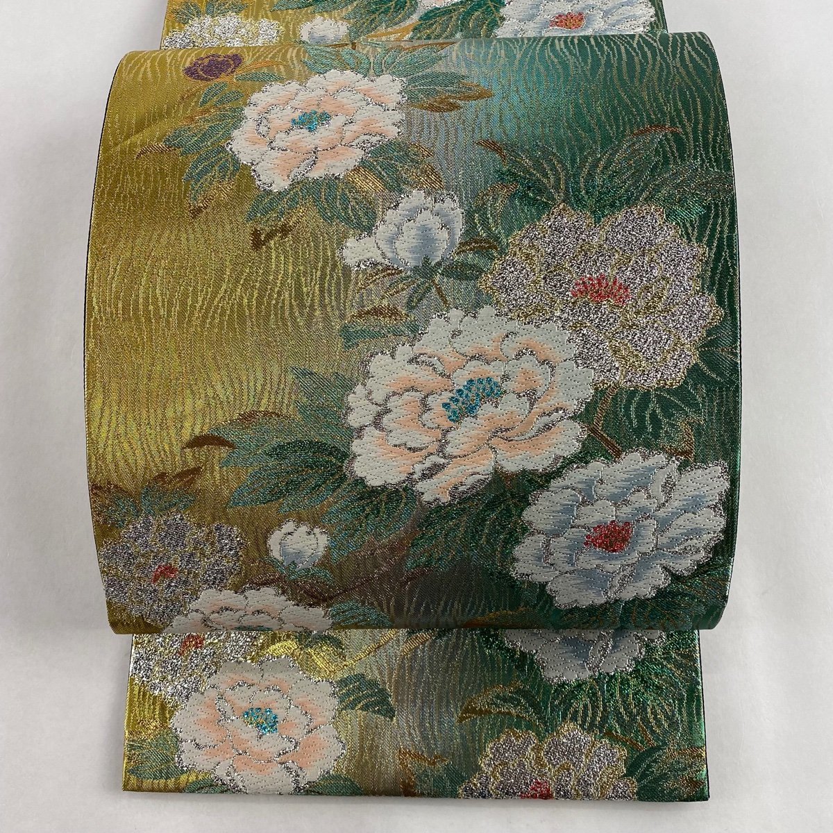 袋帯 美品 秀品 牡丹 よろけ縞 唐織 箔 緑 六通 正絹 【中古】 | OSIR 