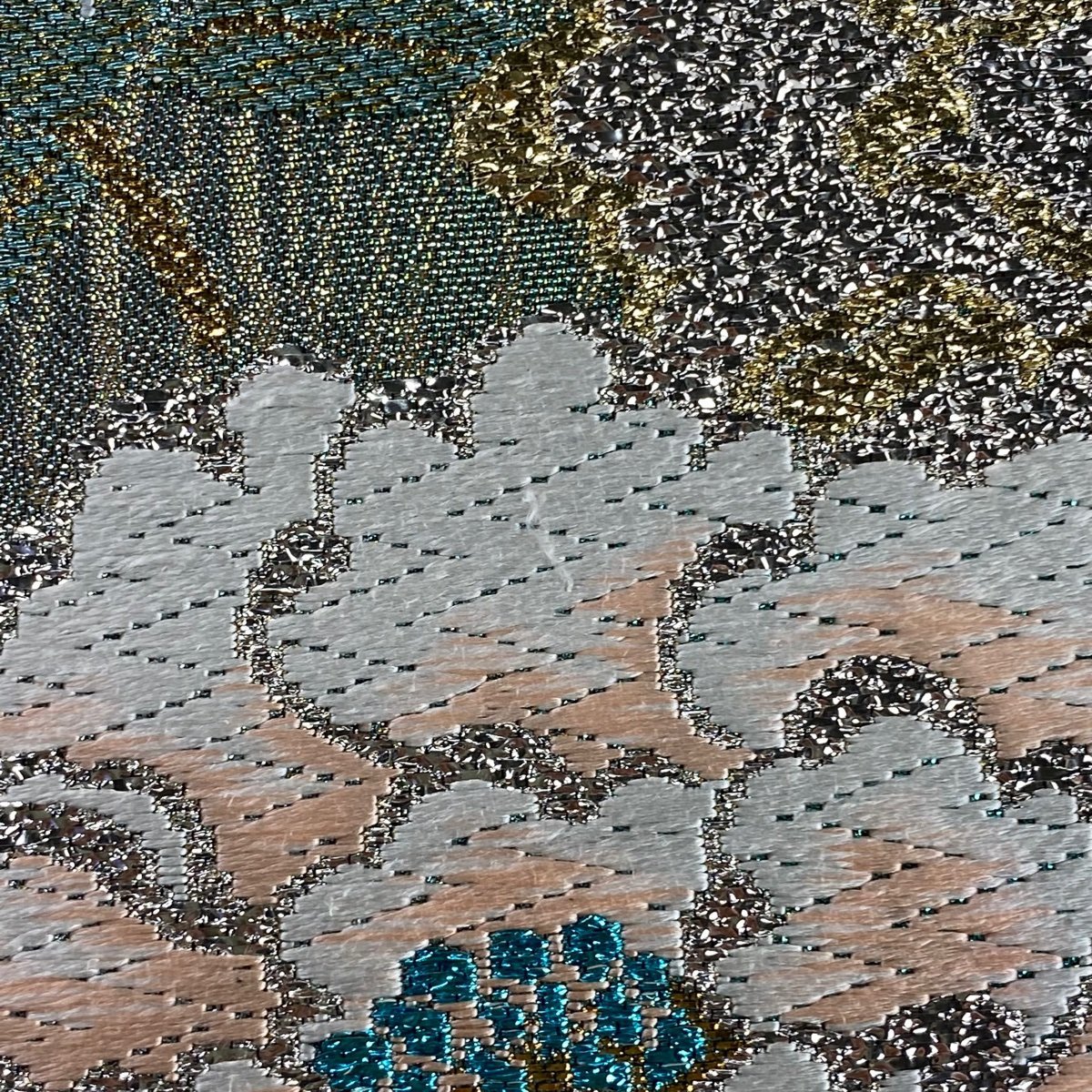 袋帯 美品 秀品 牡丹 よろけ縞 唐織 箔 緑 六通 正絹 【中古】 | OSIR 