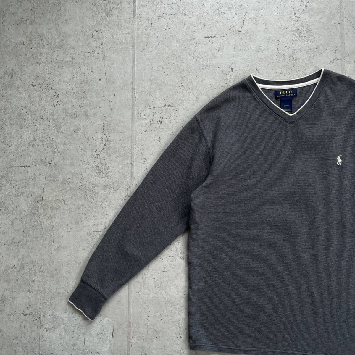 ポロラルフローレン スモールポニー サーマルVネック ロングスリーブ Tシャツ グレー L rrl ラルフローレン