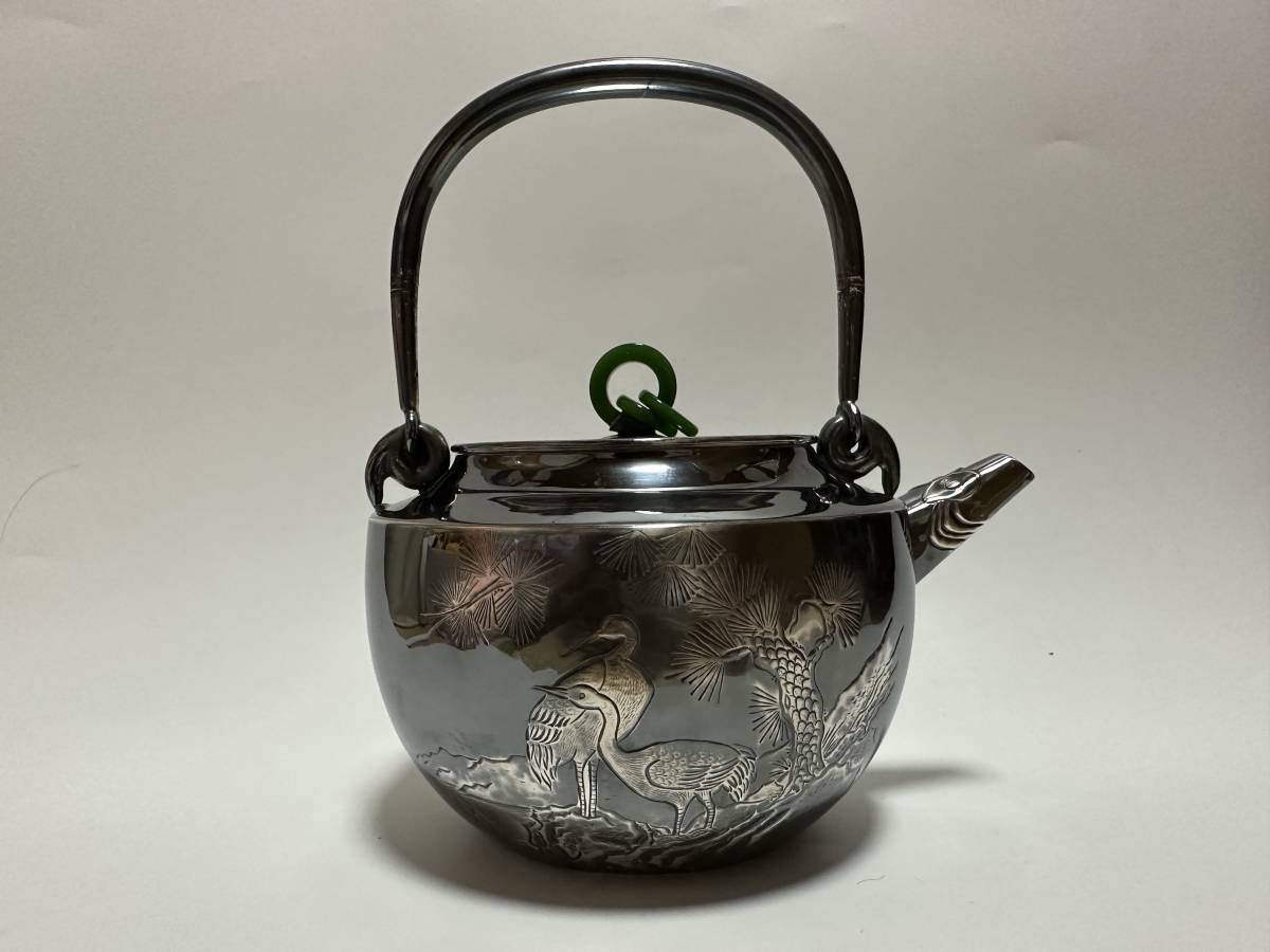 時代 純銀製 蔵六居造 浮彫漢詩 獣口湯沸 工芸品 古美術品 銀瓶 煎茶道具