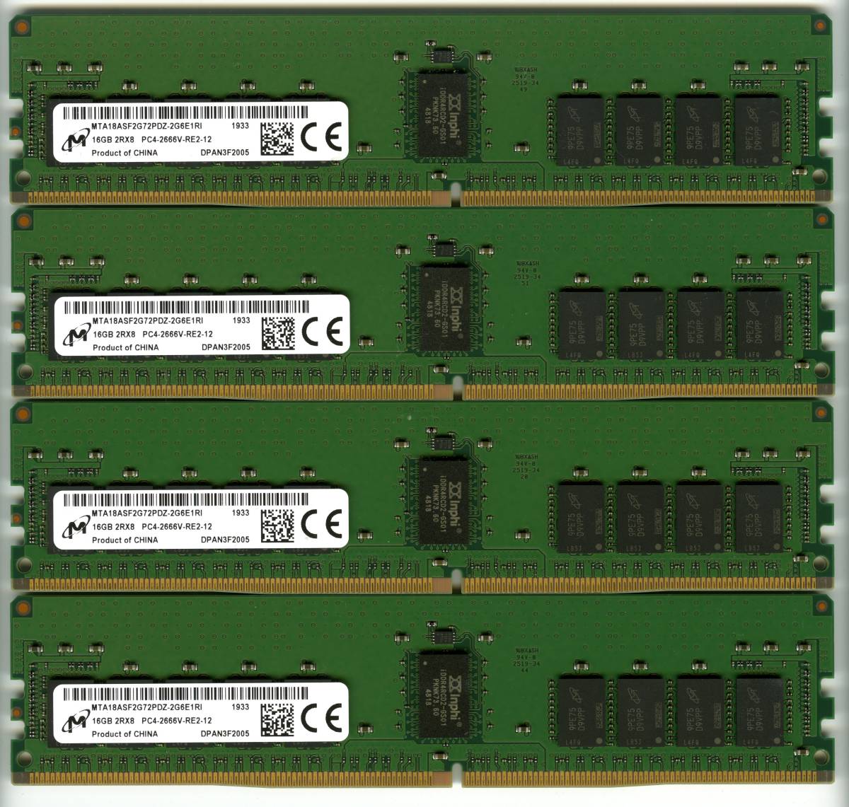 Micron、DDR4-2666、ECC Registered、16GB×4枚セットで64GB、中古 reg