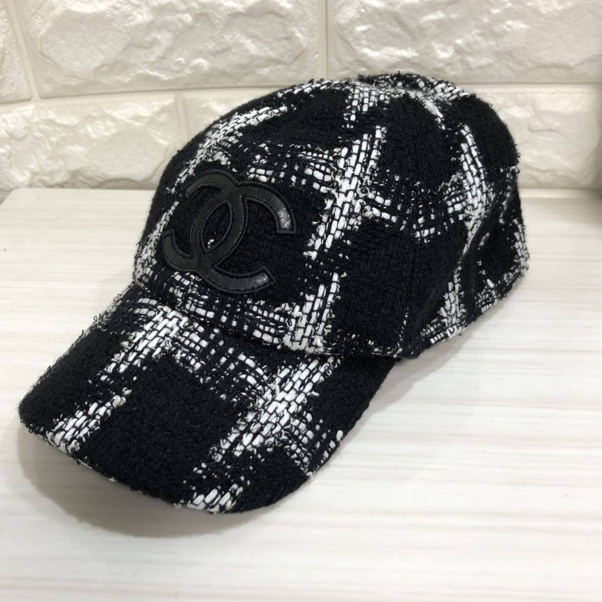 CHANEL キャップ 帽子 ドット ココマーク 黒　シャネル シャネル ツイード キャップ 帽子 ココマーク サイズL (管C125 C11