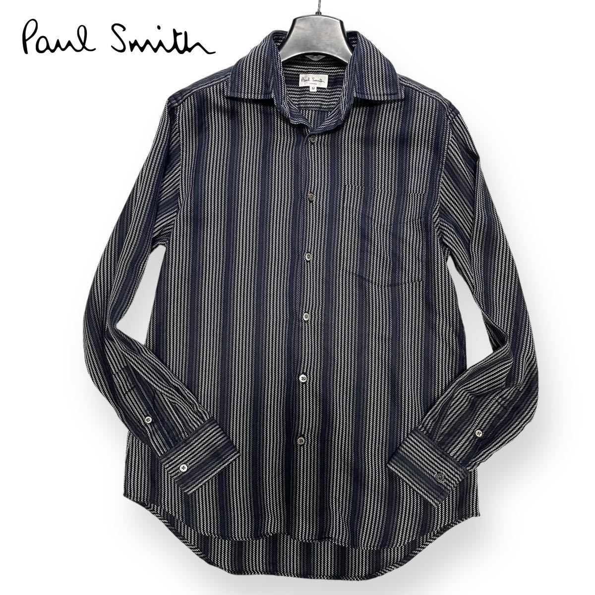 美品 ●Paul Smith ポールスミス 長袖 シャツ ストライプ 光沢感 総柄 春夏 サマー ブラック 黒 メンズ Mサイズ