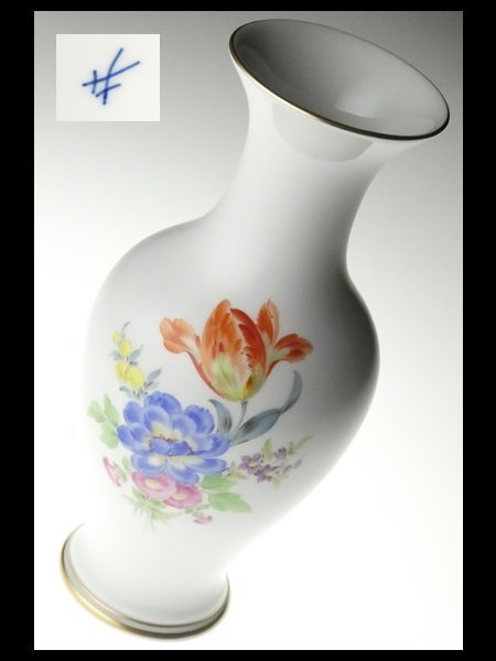 n445 Meissen マイセン フラワーブーケと昆虫 5つ花 ベース 花瓶 飾壷