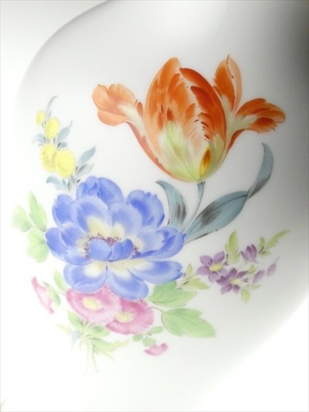 n445 Meissen マイセン フラワーブーケと昆虫 5つ花 ベース 花瓶 飾壷