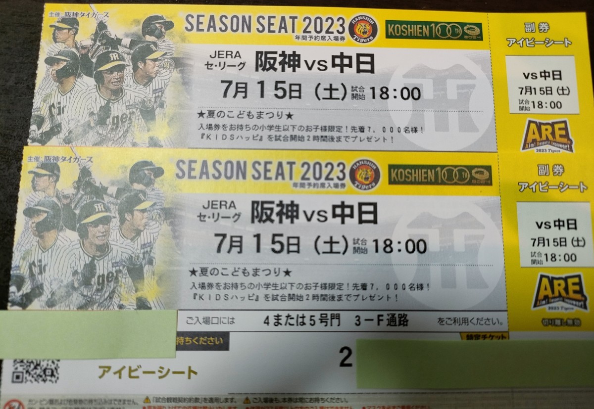 7/15（土）☆甲子園☆アイビーシート☆阪神vs中日☆ 18時試合開始 