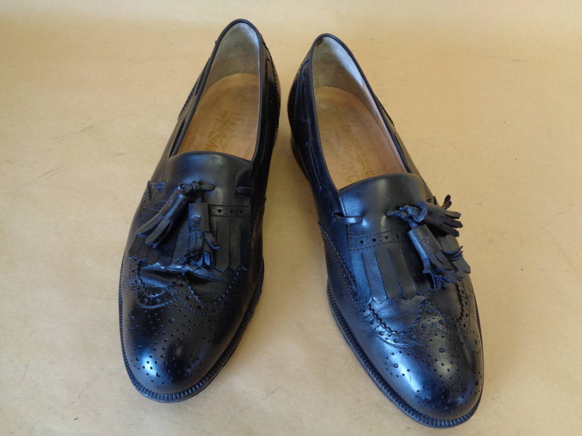 Salvatore Ferragamo サルヴァトーレ フェラガモ スリッポン ウィングチップ タッセル ブラック レザー サイズ9 EE 中古品 管理ZI-80